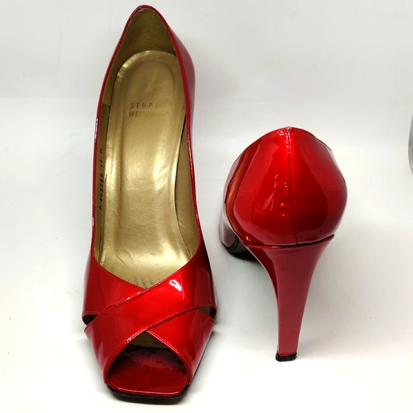 Stuart Weitzman Shoes - Stuart Weitzman 4" Red Patent Leather Open Toe Heels